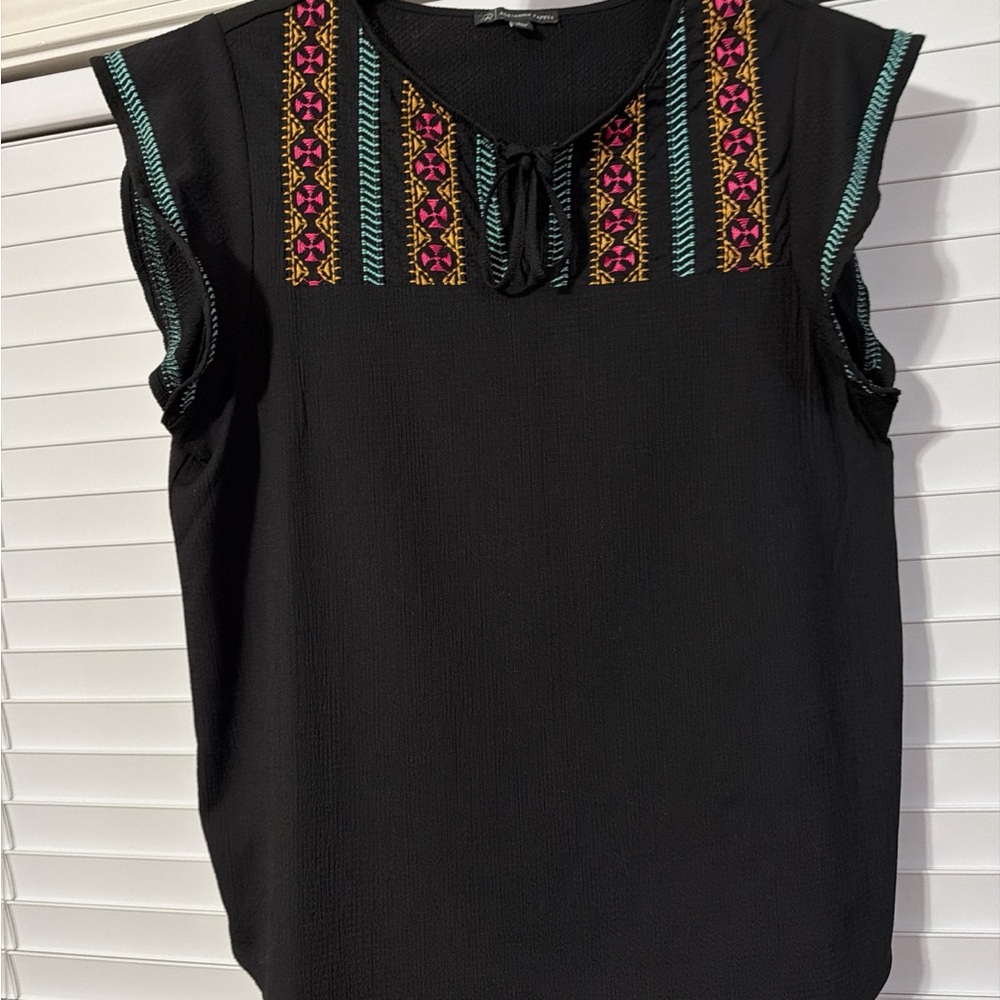 Adrianna Papell Black Top with Colorful Embroidery